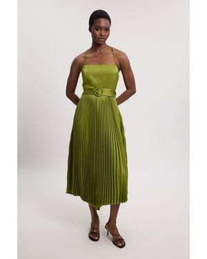 Karen Millen Satin Pleated Woven Midi Dress - Green