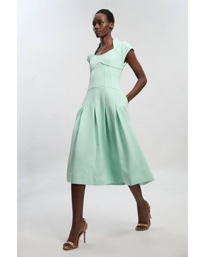 Karen Millen Compact Stretch Dropped Waist Full Skirted Midi Dress - Green