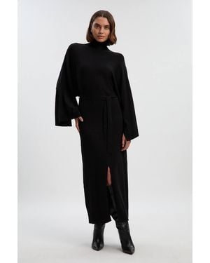 Karen Millen Viscose Blend Funnel Neck Belted Knitted Midi Dress - Black
