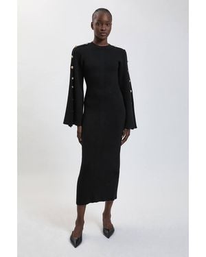 Karen Millen Military Button Up Sleeved Knitted Midi Dress - Black