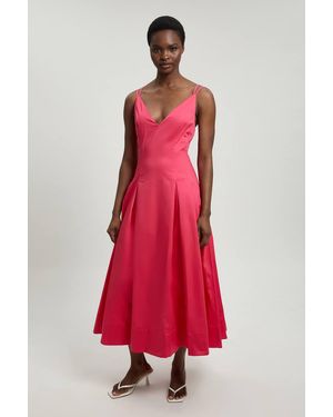 Karen Millen Petite Cotton Sateen V Neck Maxi Dress - Red