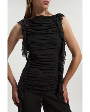 Karen Millen Bandage Mesh Gathered Ruffle Knit Top - Black