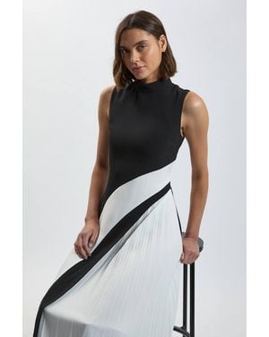 Karen Millen Soft Tailored Colour Block High Neck Pleated Midi Dress - Black