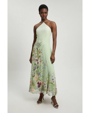 Karen Millen Chiffon Floral Print Halter Neck Woven Maxi Dress - Green