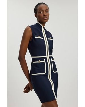 Karen Millen Figure Form Bandage Knit Piping Detail Military Sleeveless Mini Dress - Blue