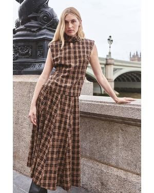 Karen Millen Beaded Check Print Midi Skirt - Natural