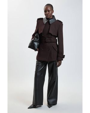 Karen Millen Wool & Faux Leather Detail Short Pea Coat - Black