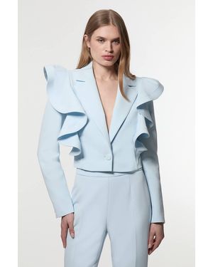 Karen Millen Drama Ruffle Tailored Single Breasted Cropped Blazer - Blue