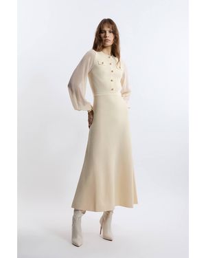 Karen Millen Viscose Blend Maxi Knit Dress With Chiffon Sleeve Military Trim - White
