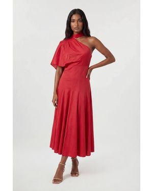 Karen Millen Premium Tailored Linen High Neck One Shoulder Full Midi Dress
