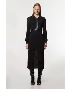 Karen Millen Woven Sleeved Pleated Dress With Pu - Black