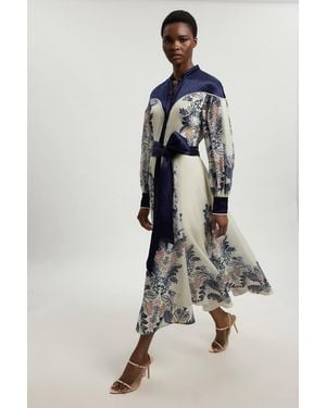 Karen Millen Petite Scarf Print Organdie And Satin Mix Maxi Dress - Blue