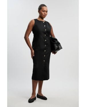 Karen Millen Plus Size Tailored Linen Statement Button Front Pencil Midi Dress - Black