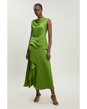 Karen Millen Textured Satin Ruffle Detail Sleeveless Midi Dress - Green