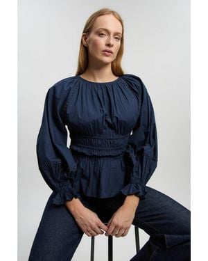 Karen Millen Shirred Cotton Balloon Sleeve Blouse - Blue