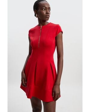 Karen Millen Scuba Zip Detail Pleated Short Sleeve Mini Dress - Red