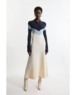 Karen Millen Viscose Blend Rib Knit Polo Top Maxi Dress - Blue