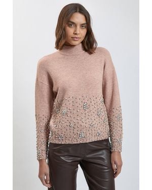 Karen Millen Wool Blend Embellished Cosy Knitted High Neck Jumper - Natural