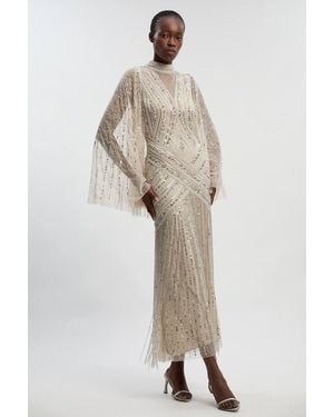 Karen Millen Embellished Woven Maxi Dress With Cape Sleeve - Natural