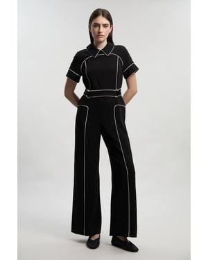 Karen Millen Compact Stretch Contrast Tipped Tab Detail Tailored Jumpsuit - Black