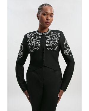Karen Millen Plus Size Figure Form Bandage Embellished Knit Jacket - Black