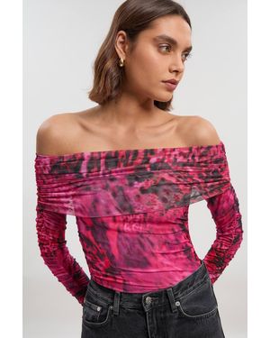 Karen Millen Animal Print Off The Shoulder Ruched Bodysuit - Red