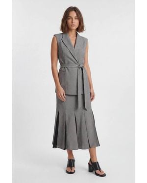 Karen Millen Petite Soft Tailored Check Godet Detail Midi Skirt - Grey