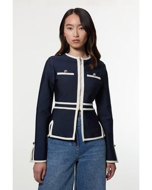Karen Millen Figure Form Bandage Military Contrast Piping Knit Split Hem Jacket - Blue
