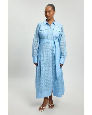 Karen Millen Plus Size Cotton Broderie Belted Shirt Dress - Blue