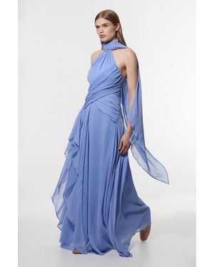 Karen Millen Petite Crinkle Cross Front Georgette Woven Maxi Dress - Blue