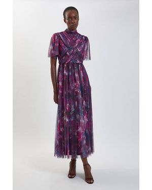 Karen Millen Blurred Floral Cross Detail Tulle Maxi Dress - Purple