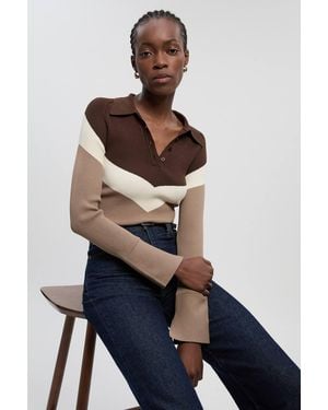 Karen Millen Viscose Blend Rib Knit Polo Top - Blue