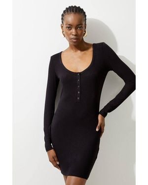 Karen Millen Lux Viscose Rib Jersey Scoop Neck Mini Dress - Black