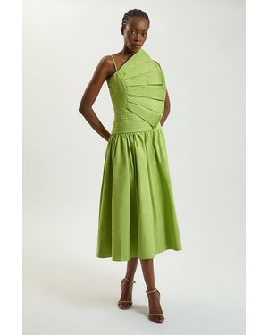 Karen Millen Cotton Poplin 3D Pleat Detail Woven Midi Dress - Green