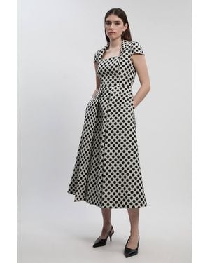 Karen Millen Spot Jacquard Square Neck Tailored Full Skirted Midi Dress - White