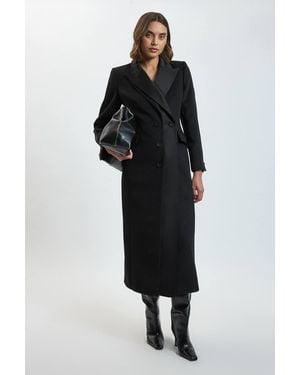 Karen Millen Brushed Wool Blend Satin Mix Midi Coat - Black
