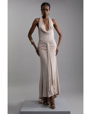 Karen Millen Petite Premium Viscose Jersey Crepe Cowl Neck Maxi Dress - Grey