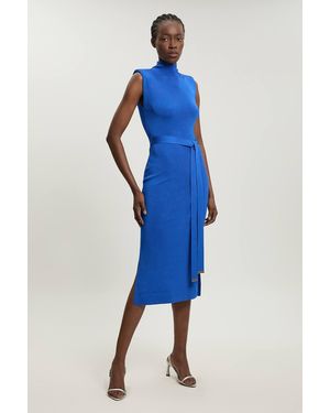 Karen Millen Slinky Drape Knit Power Shoulder Sleeveless Funnel Dress - Blue