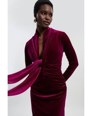 Karen Millen Velvet Long Sleeve Wrap V Neck Maxi Dress - Red