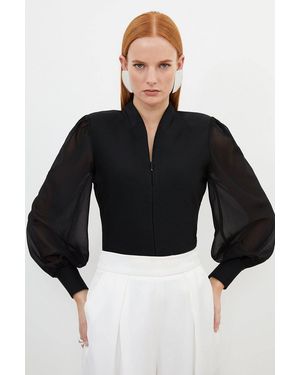 Karen Millen Bandage Figure Form Zip Detail Chiffon Sleeve Knit Top - Black