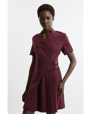 Karen Millen Forever Tailored Crepe Military Pleat Notch Neck Wrap Mini Dress - Purple