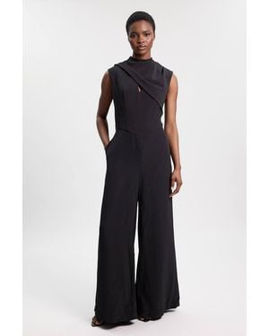 Karen Millen Tailored Crepe Cape Asymmetric Cape Neck Detail Jumpsuit - Blue