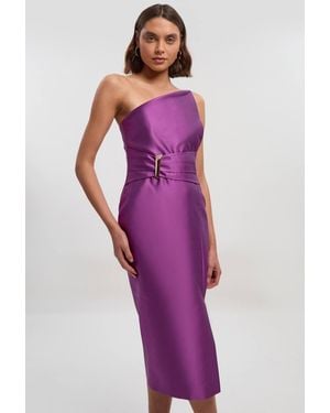 Karen Millen Satin Twill Trim Detail Structured Asymmetric Neck Tailored Midi Dress - Purple