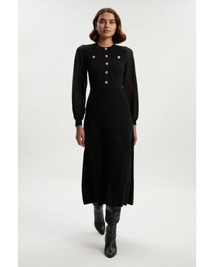 Karen Millen Viscose Blend Maxi Knit Dress With Chiffon Sleeve Military Trim - Black