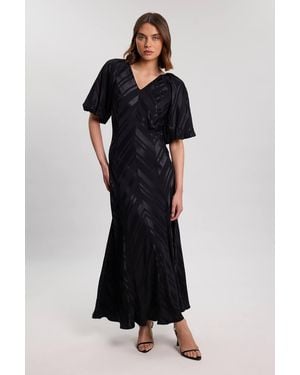 Karen Millen Stripe Fabric Detail Fluid Short Sleeve Midi Dress - Black