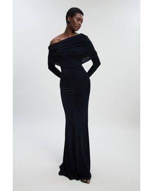 Karen Millen Drapey Crepe Off The Shoulder Ruched Detail Fishtail Maxi Dress - Black