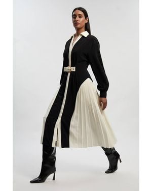 Karen Millen Tailored Crepe Colour Block Belted Pleated Midi Dress - Black