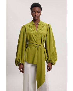 Karen Millen Poplin Embroidered Detail Belted Blouse - Green