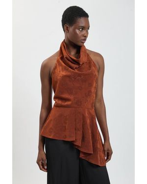 Karen Millen Jacquard Cowl Neck Asymmetric Top - Red