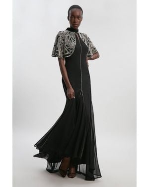 Karen Millen Crystal Embellished Cutwork Cape Detail Woven Maxi Dress - Black